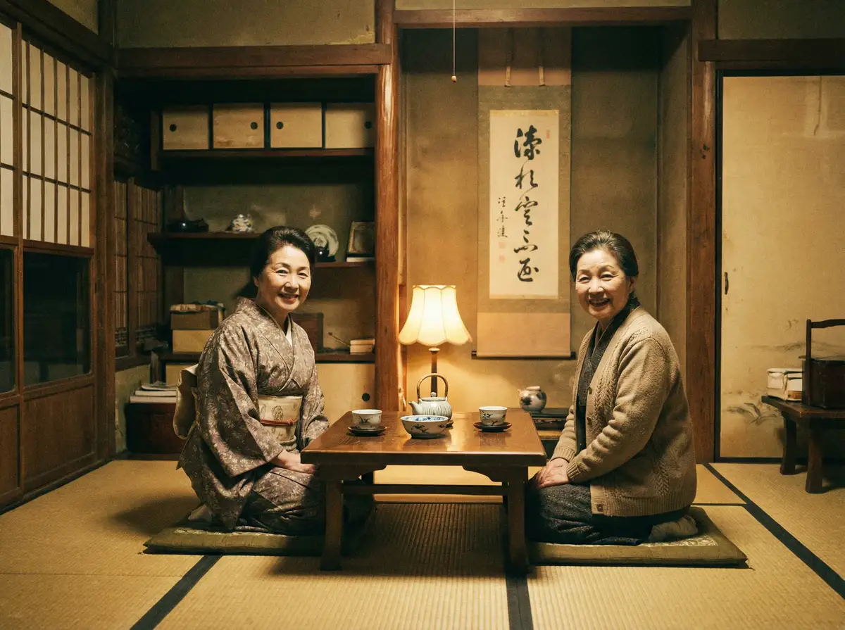 两位优雅的 91黑料 在日式茶室中品茶交谈